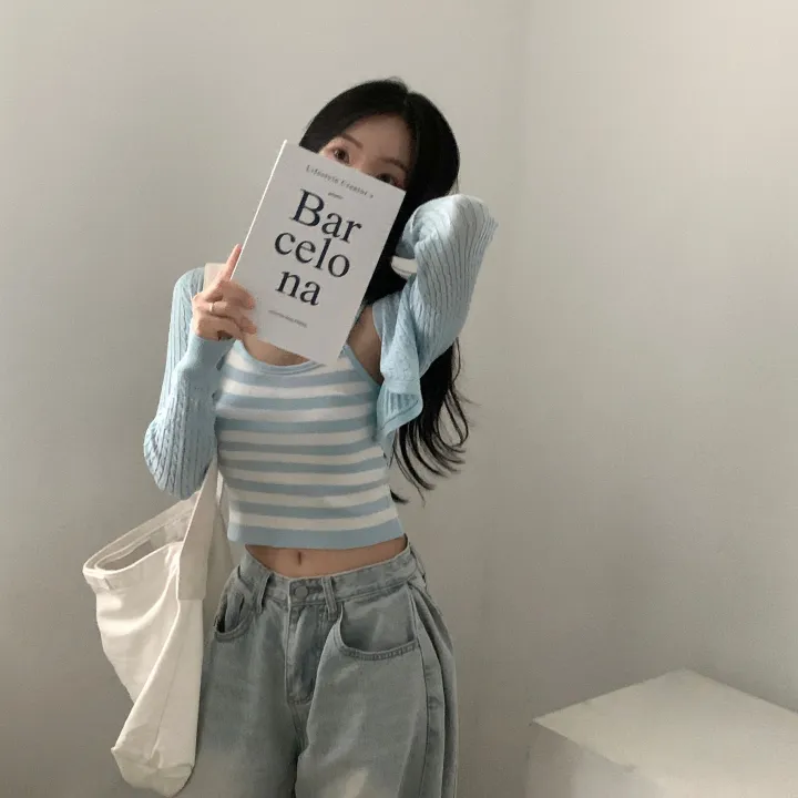 [세트가격✨/간절기까지~] 케이블 볼레로 크롭 니트가디건 + 스트라이프 나시 세트/투피스 - 3color 상세 이미지 33