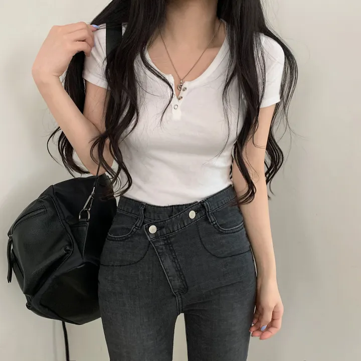 [겨드랑이노출X] 똑딱이 단추 쫀쫀 반팔티셔츠;8col 상세 이미지 13