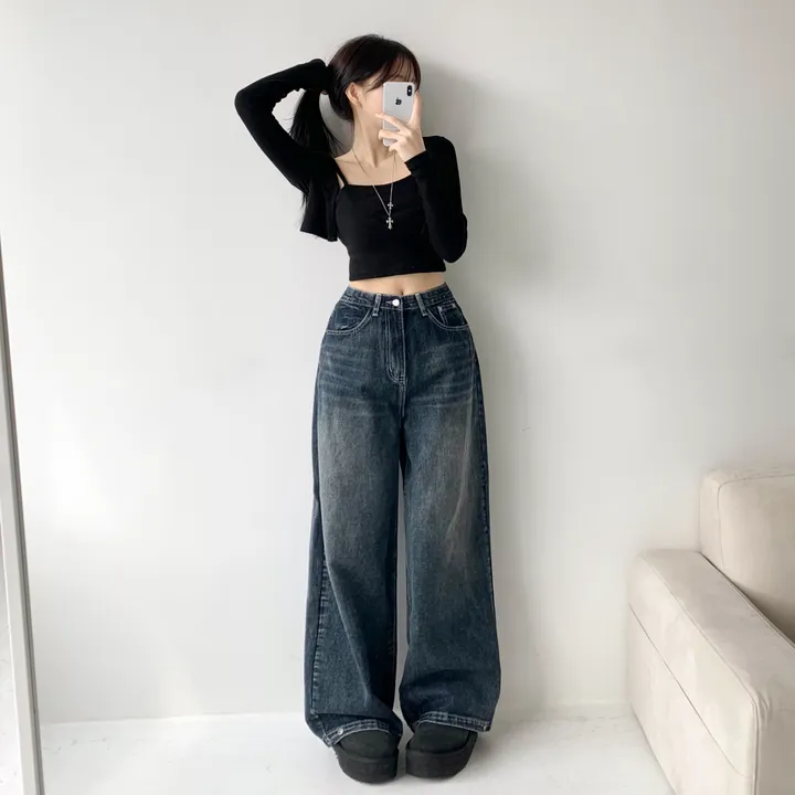 [모델소장🖤/기장선택/~XL] 페이블 3기장 힙 빈티지 워싱 하이웨스트 로우 밑단 스냅 조거 와이드 데님 팬츠 청바지 키작녀 키큰녀 남녀공용 사계절팬츠 빅사이즈 상세 이미지 11
