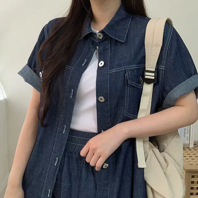 청청 오버핏 생지 데님 반팔 셔츠 남방 & 밴딩 숏 데님 팬츠 SET 상세 이미지 2