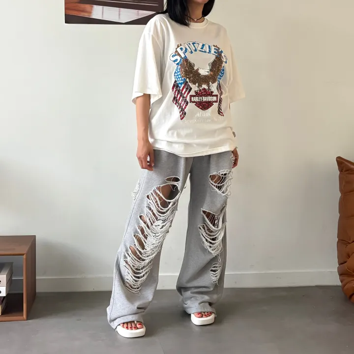 [허리~63까지 MD 추천🤩] 데미지 디트로이드 제니팬츠 / 유니크 스트릿 댄스복 페스티벌 체육대회 빅사이즈바지 세미 부츠컷 조거팬츠 봄바지 여름바지 댄스복 하비언니 와이드팬츠 상세 이미지 16
