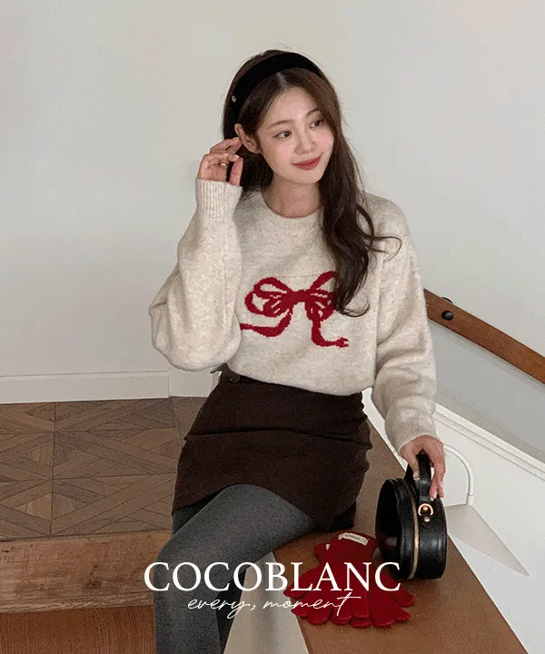 [♥겨울니트][3천장돌파] 오너먼트 리본포인트 니트 연말룩/리본니트/라운드니트/데이트룩/시보리니트