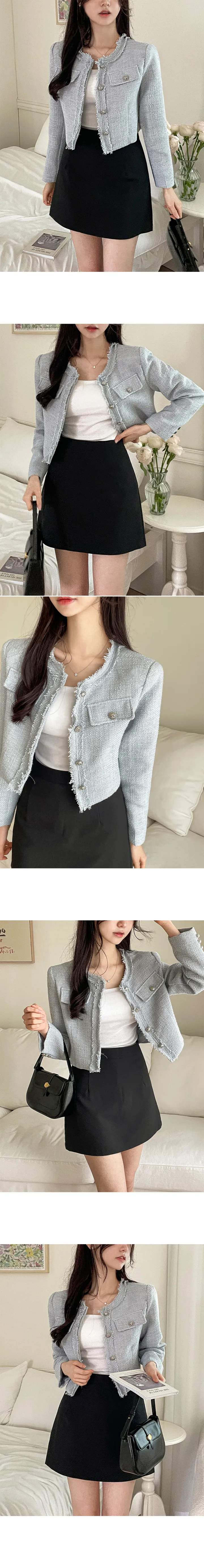 제퍼 봄 가을 하객룩 벚꽃룩 수술 노카라 라운드넥 숏 크롭 트위드 자켓 상세 이미지 4