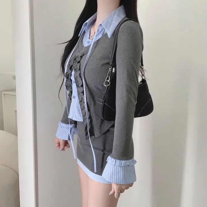 [3COLOR/셔츠일체형] 유닛 스트라이프 셔츠&프릴가디건 레이어드세트/버닝블루 상세 이미지 7