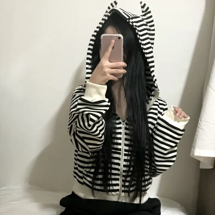 cat devil stripes hood zip up 고양이 뿔 스트라이프 후드집업 상세 이미지 2