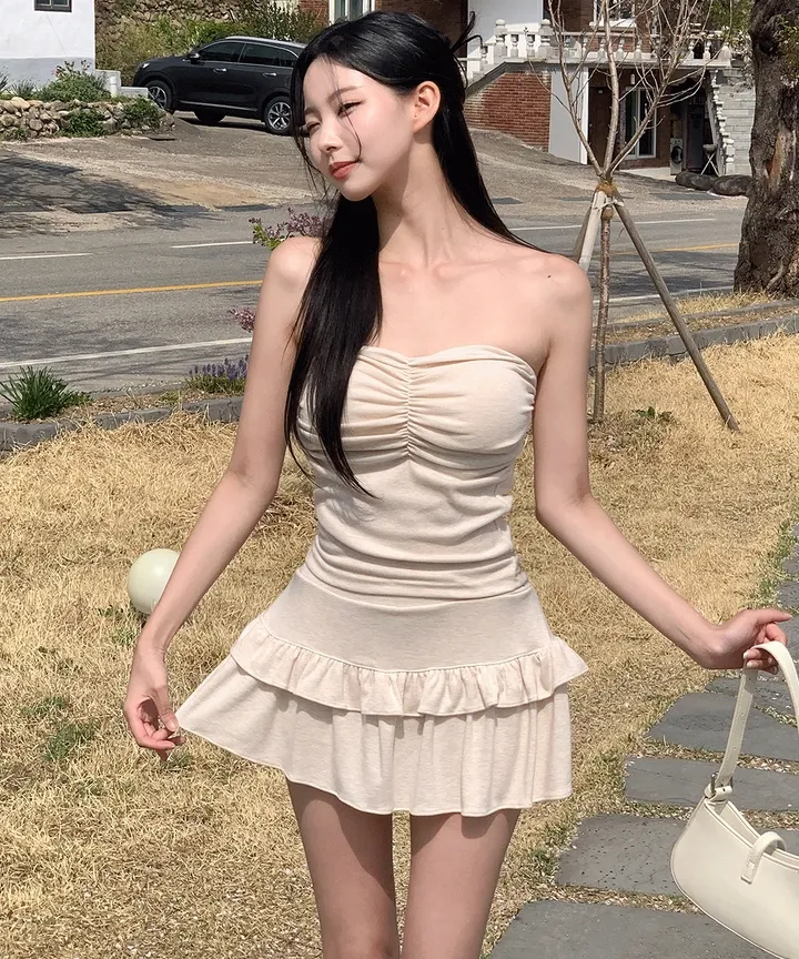 [섹시유니크🖤] 글램 투피스 / 캡내장 캡나시 뷔스티에 셔링 크롭탑 셔링탑 튜브탑 탱크탑 브라탑 볼륨업 데님탑 캉캉치마 치마바지 여름원피스 여행 bj 레이어드스커트 숏팬츠 스판 상세 이미지 2