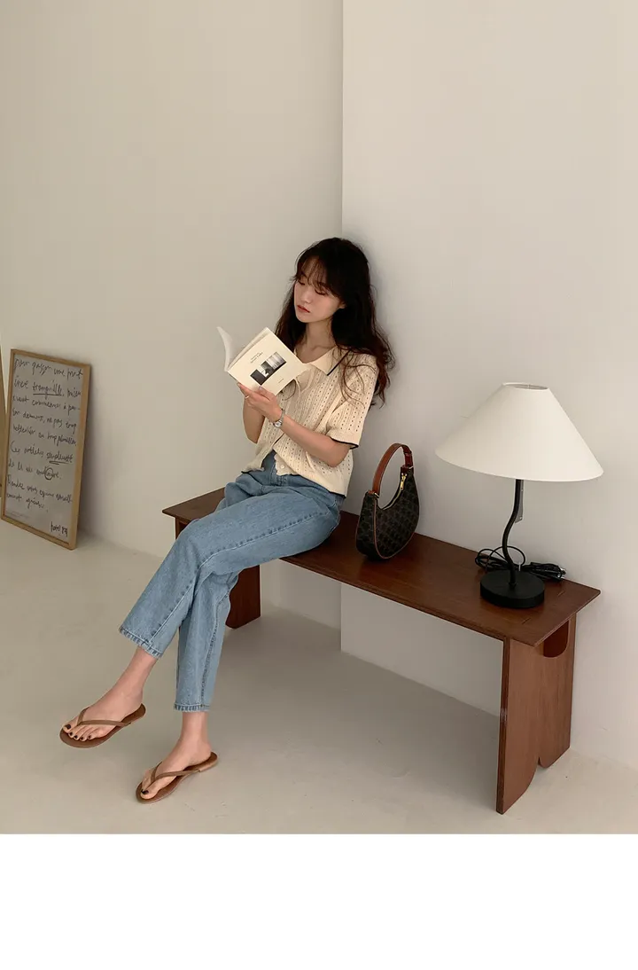 [6천장돌파] 델라본 배색 카라 스카시 반팔 니트 가디건 상세 이미지 3