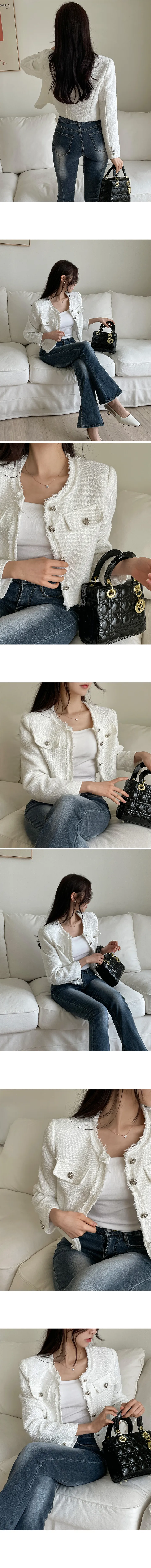제퍼 봄 가을 하객룩 벚꽃룩 수술 노카라 라운드넥 숏 크롭 트위드 자켓 상세 이미지 7