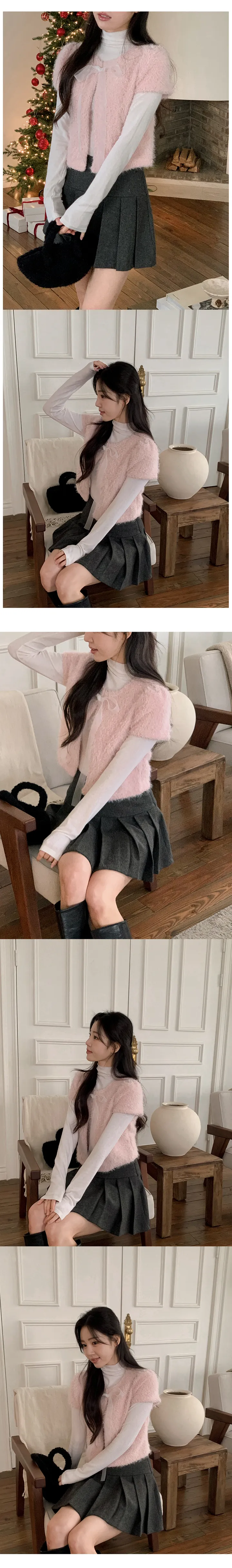 [하객룩][리본탈부착가능][리본 셋트][MADE][자체제작][국내 생산]스노우 시어 쉬폰 리본 퍼 반팔 가디건 (3color) 상세 이미지 30
