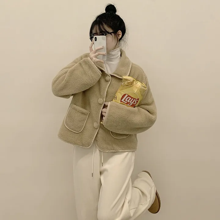 [양면퍼🧸/귀여움] 아방핏 양털 후리스 뽀송 카라 덤블 퍼자켓 크롭점퍼 밍크 숏코트 상세 이미지 21