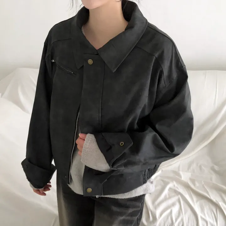 [고급레더!핏보장🤎]매트 무광 오버핏 가죽 레더 스웨이드 블루종 자켓 점퍼 2color 상세 이미지 32