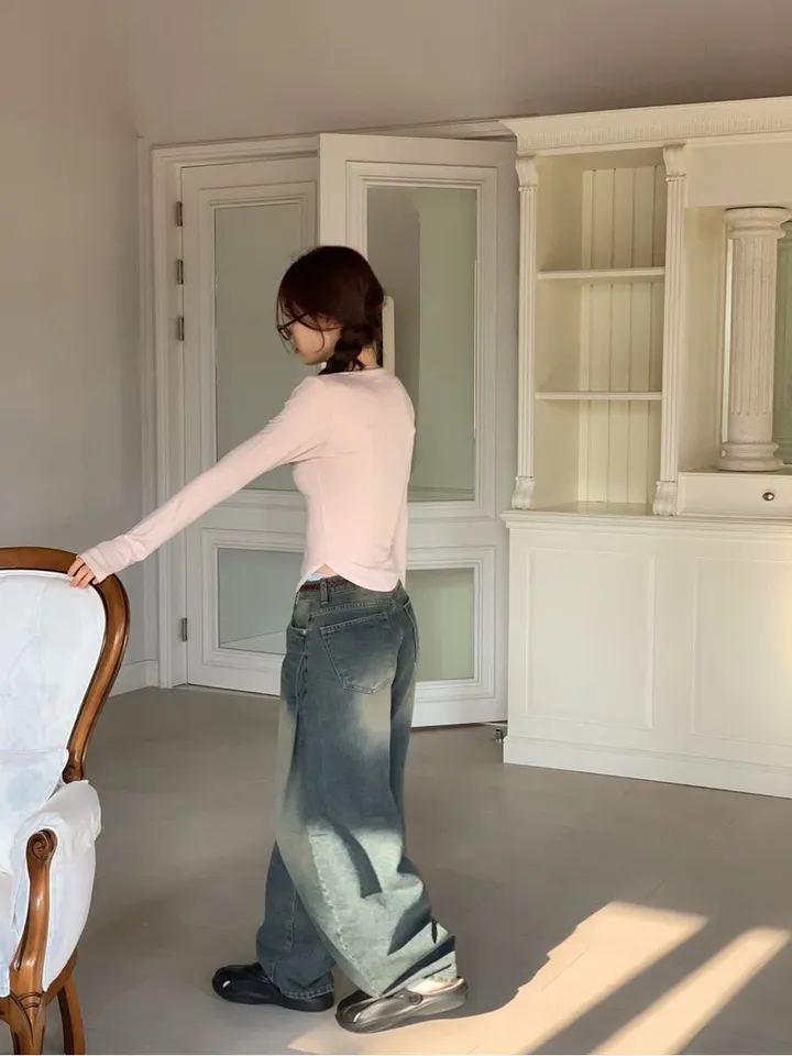 [일체형/스판좋아요/몸매보정핏/부드러워요]요거트 여리핏 텐션 굴림 배색 레이어드 롱슬리브 유넥 티셔츠 4color 상세 이미지 25