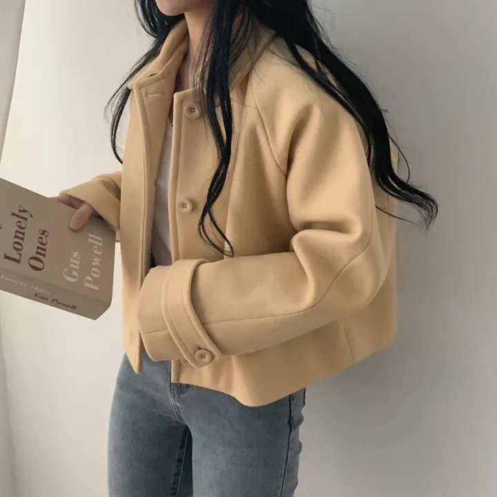 봄가을 크롭재킷 오버핏 아이보리 블랙 싱글버튼 숏코트 상세 이미지 21