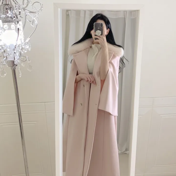 [롱케이프코트💗/고퀄보장✨] 롱VER. 알콩 울 캐시미어 폭스퍼 페이크퍼 밍크퍼 누빔안감 케이프 벨트 버튼 고급 우아 롱 판쵸 코트 망토 자켓 (4color) 연말룩 크리스마스 상세 이미지 5