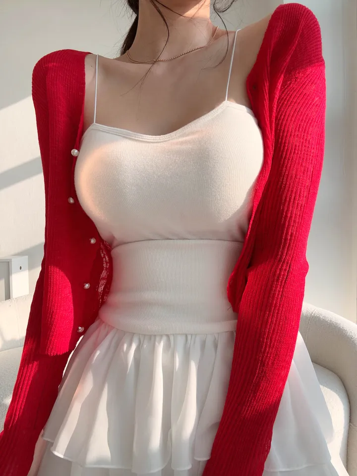 (8color) 【여리여리-!】 수채화 슬림핏 시스루 롱슬리브 진주 버튼 부클 가디건 상세 이미지 22