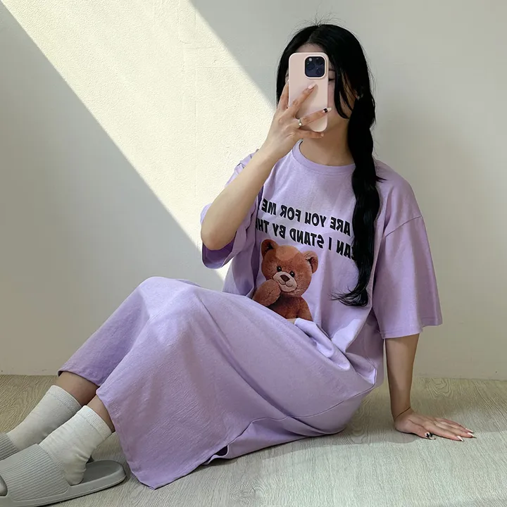 [국내/부드러운] 베어🐻 프린팅 반팔 롱 원피스 - 4color 상세 이미지 24