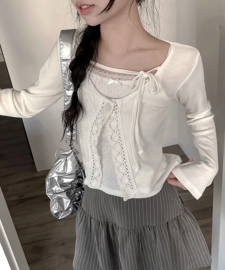 [발레코어💗몸매보정✨] 헤나 레이어드 슬림핏 크롭 유넥 트임 리본 스트랩 원버튼 레이스 가디건 겨울 봄 / 가디건 니트가디건 긴팔티셔츠 레이어드 슬림핏 기본티 이너티 뮤잉 상세 이미지 18