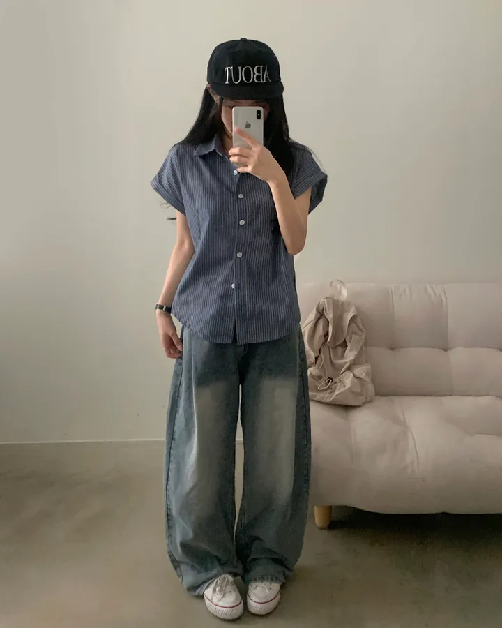 [빈티지🤍/여름셔츠] 샌드 스트라이프 루즈핏 롤업 반팔셔츠,남방 - 3color 상세 이미지 26