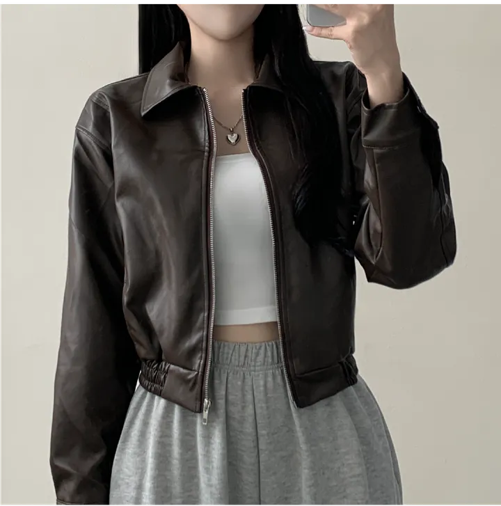 [예쁨보장/가을무드] 블루종 박시 카라 크롭 라이더 가죽 레더 자켓 3color 상세 이미지 9