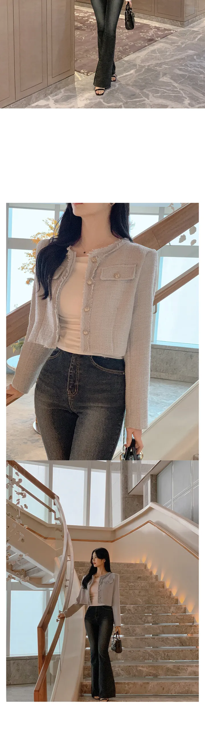 [갓성비❤️/화사한 봄 자켓으로 제격!] 매니아 노카라 컷팅 디테일 버튼 포켓 세미크롭 봄 트위드 자켓 상세 이미지 11