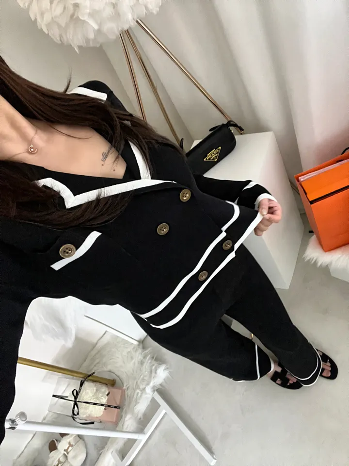 수입 배색 라인 더블 카라넥 버튼 와이드 팬츠 숏 가디건 투피스 셋업 상세 이미지 18