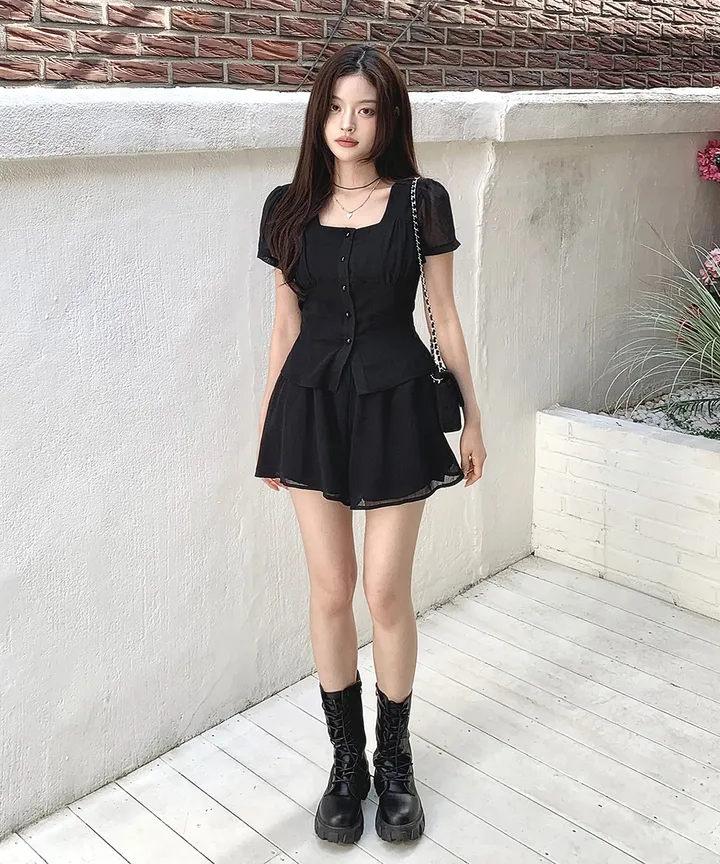 [투피스 set💗치마바지] 셀럽 스퀘어넥 허리끈 여름 하객룩 반팔 블라우스 미니 스커트 치마바지 투피스 세트 / 데이트룩 미니원피스 클래식블랑 상세 이미지 32