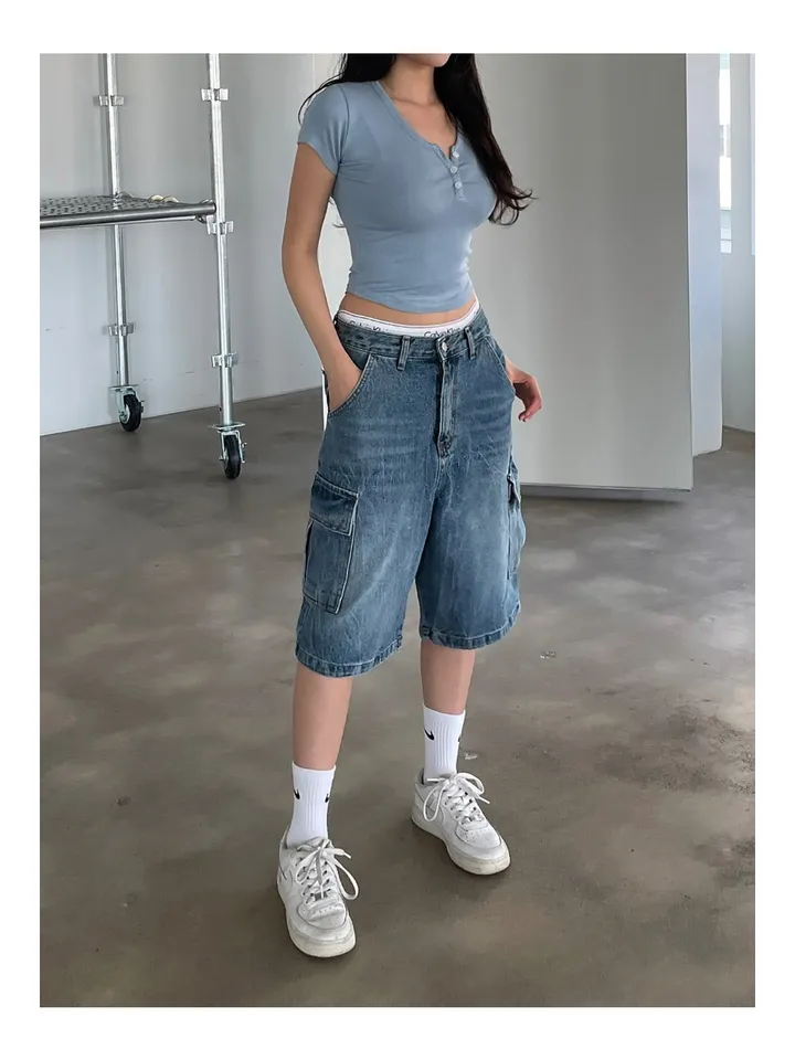 [UNISEX] 카고 데님 청 워싱 버뮤다 반바지 팬츠 (2color) 상세 이미지 18