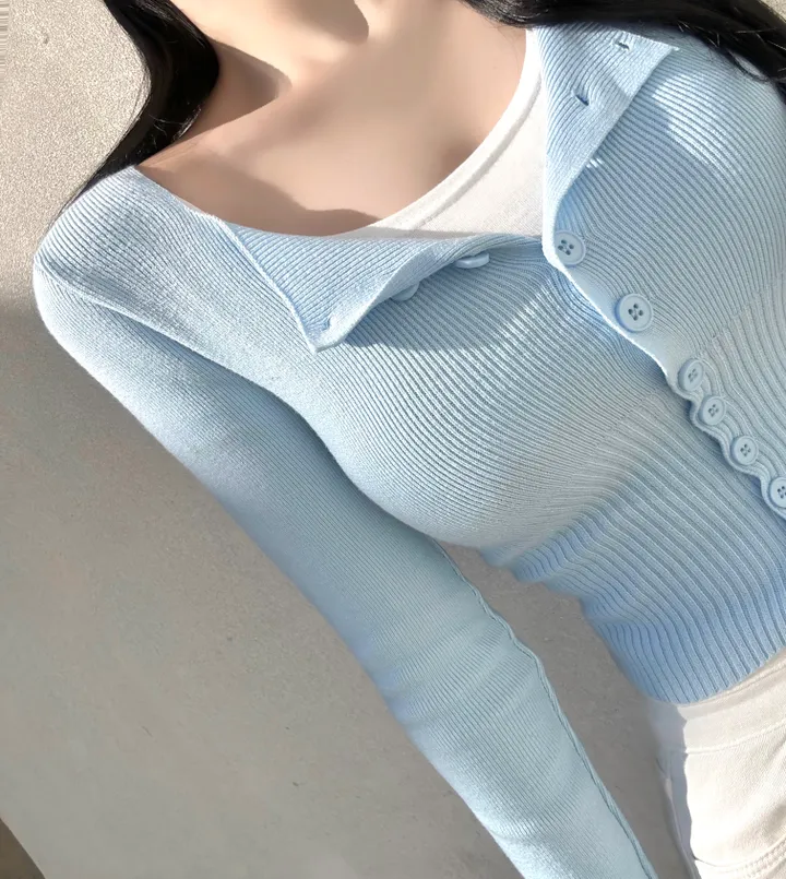 [최저가보장!!/허리잘록/벌어짐X] 청순 글램 소프트 무지 스퀘어넥 허리시보리 골지 니트 가디건 봄신상 세미크롭 데일리 데이트룩 여친룩 베이직 기본 긴팔 티셔츠 개강룩 상세 이미지 15