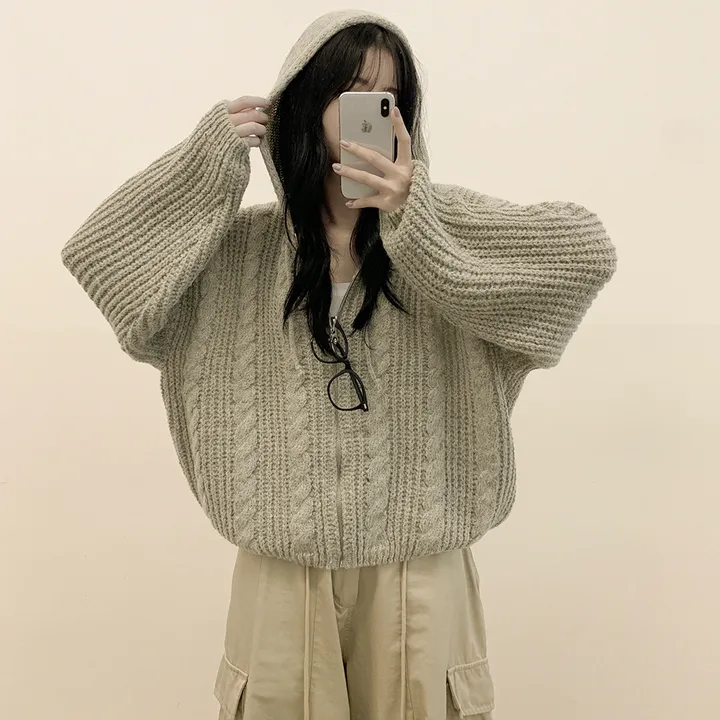 [여리여리✨울함유] 도톰 따뜻 아방핏 꽈배기 케이블 오버핏 니트 벌룬 후드집업 겨울가디건 상세 이미지 8