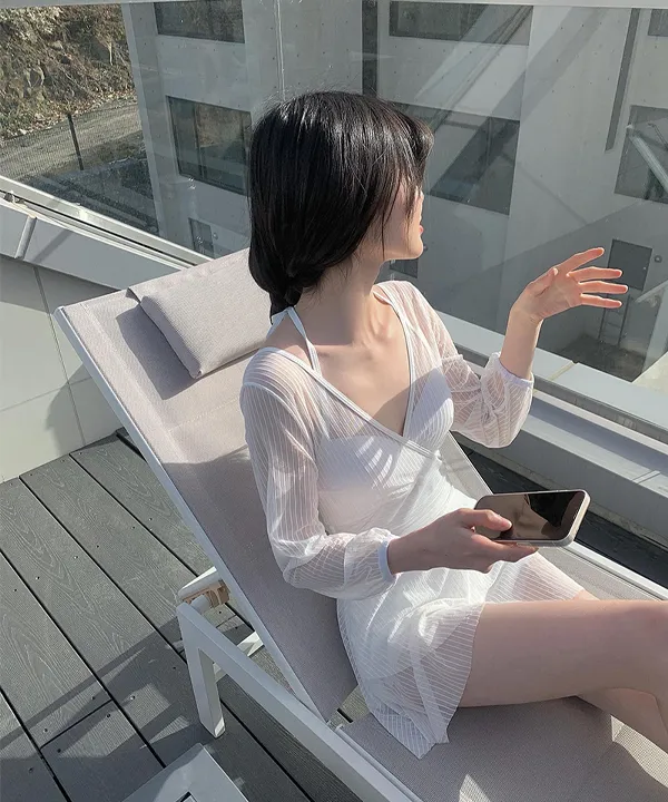 [swimwear] 포우 화이트 시스루 긴팔 원피스 수영복