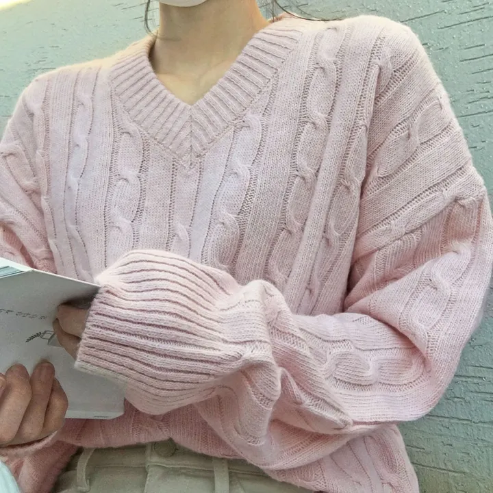 [컬러믹스,봄] 루즈핏 꽈배기 니트 / 봄가을, 매일입는 스프링 케이블 울니트 / 보카시 브이넥 오버핏 긴팔티 상세 이미지 18
