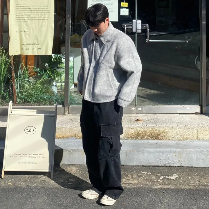 [캐주얼] 배색 남자 커플 오버핏 부클 털 모헤어 울 숏 하프 반 크롭 코트 점퍼 자켓 상세 이미지 34