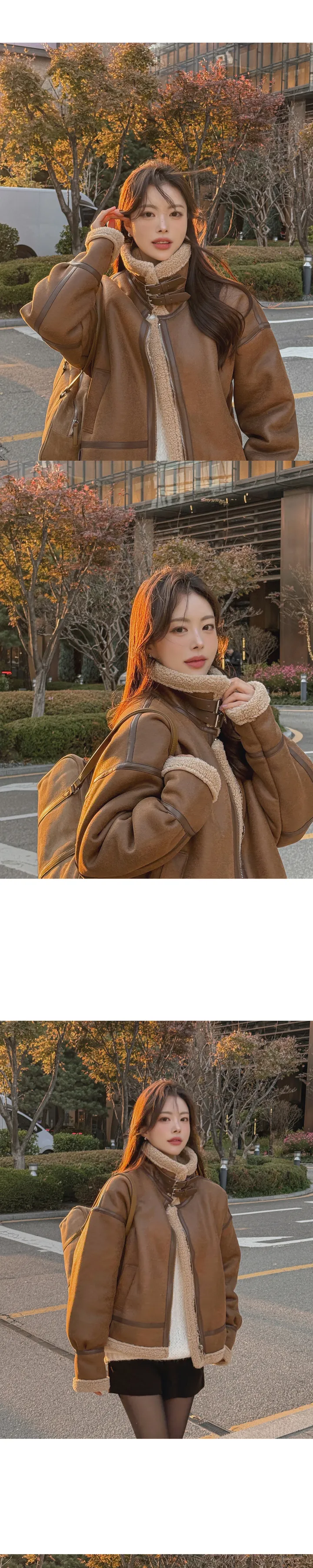 [안감 털날림❌/하이넥 버클⭕] 에티오 하이넥 더블버클 지퍼 가죽포인트 허리버클 양털 페이크레더 무스탕 상세 이미지 6