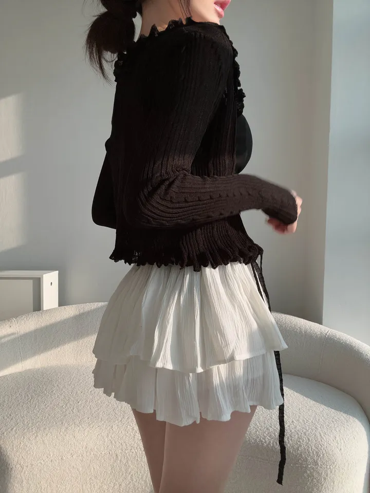 【핏보장-!】 여리여리 스트랩 끈 롱슬리브 프릴 꽈배기 부클 가디건 상세 이미지 50
