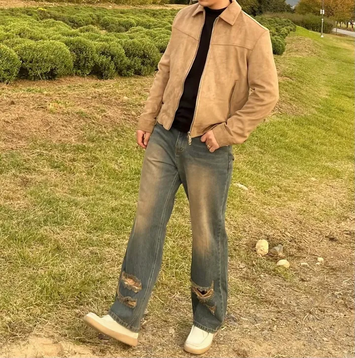 당일출고![단독/시밀러룩] 봄 가을 스웨이드 자켓 크롭 오버핏 워싱 청치마 청바지 커플룩 상세 이미지 18