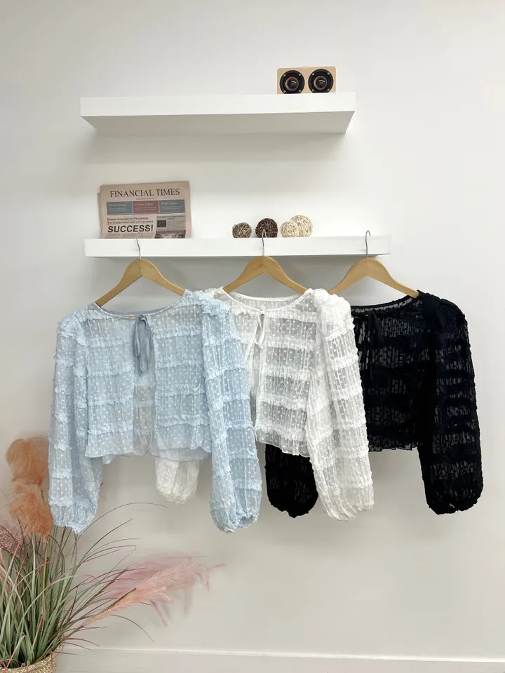 🩵공쥬핏+어깨패드O🩵쉬폰 퍼프 땡땡이 볼레로 가디건 (3COLOR) 시스루 프릴가디건 휴양지룩 여행룩 볼레로블라우스 상세 이미지 23