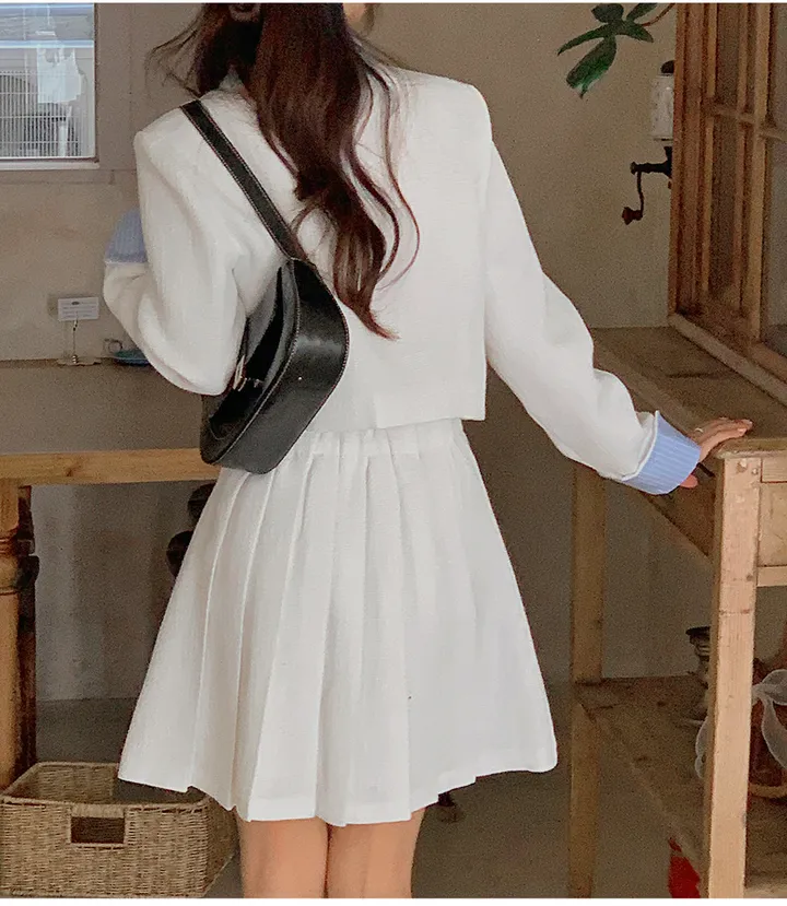 [44-120] [1천장 돌파✨] 루미네르 트위드 배색 카라넥 뒷밴딩 플리츠 투피스 세트 상세 이미지 54