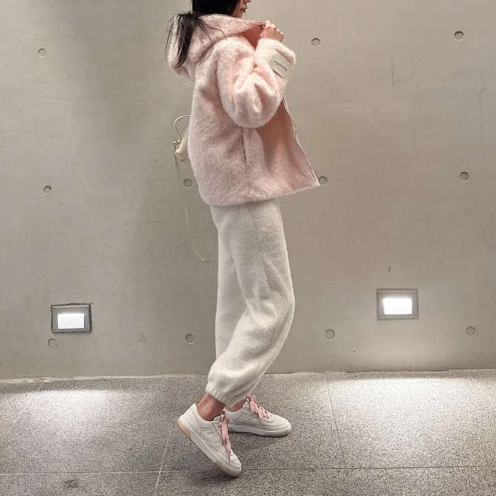 [러블리⛄/털빠짐X] 핑키 딸기우유 소프트 후드 퍼 뽀글이 앙고라 코트 집업 자켓 상세 이미지 31