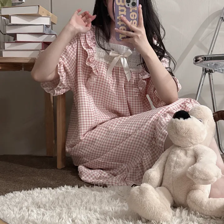 [당일출고/3컬러] 루즈핏 귀여운 스몰 체크 오버핏 반팔 원피스 파자마 잠옷_반팔ops_ver 상세 이미지 18