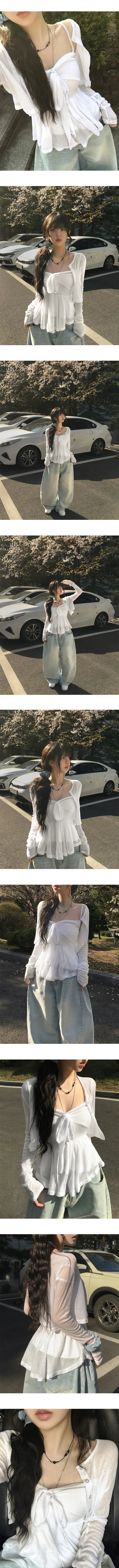 [세트/인생샷템🖤] 포엠 여리루즈 리본 발레코어 차르르 셔링 살안타템 나시탑 가디건 세트 onecolor 상세 이미지 5