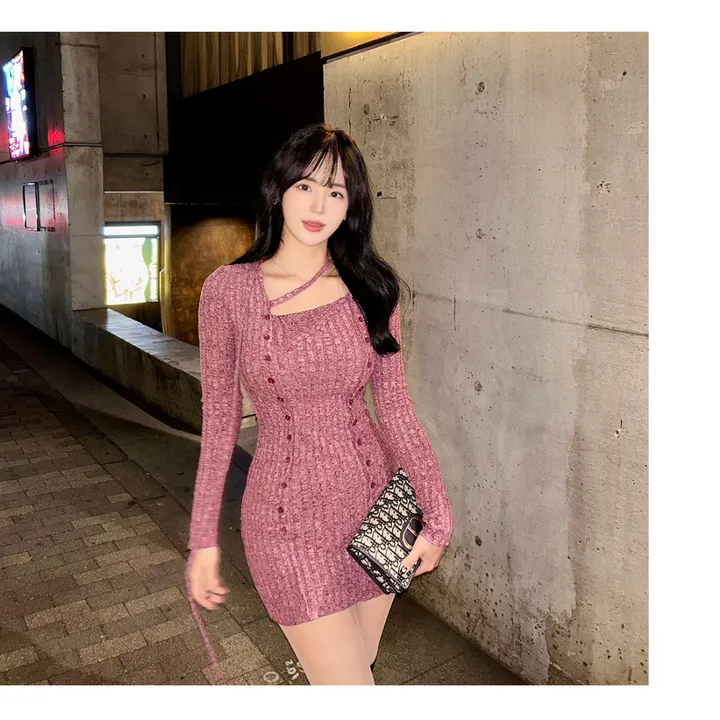 [허얇골넓♥/독보적분위기] 플럼 퍼플 스퀘어넥 초커 니트 미니원피스 상세 이미지 5