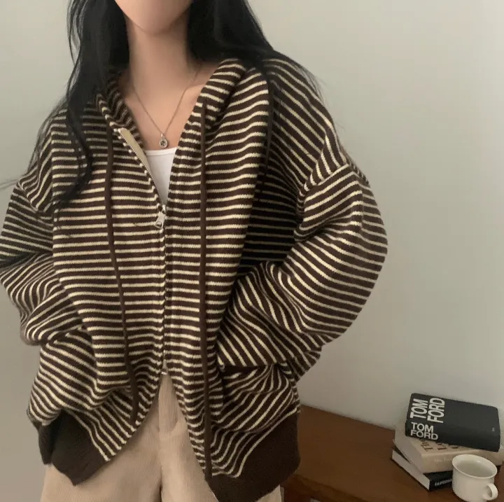 Made [투웨이,도톰] 빔블 루즈핏 스트라이프 후드 니트 집업, 가디건 - 4color 상세 이미지 21