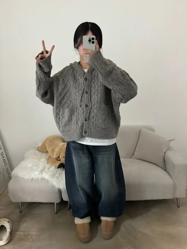 [따숩/폭닥] 알파카 겨울 케이블 후드 포켓 루즈핏 가디건 상세 이미지 9