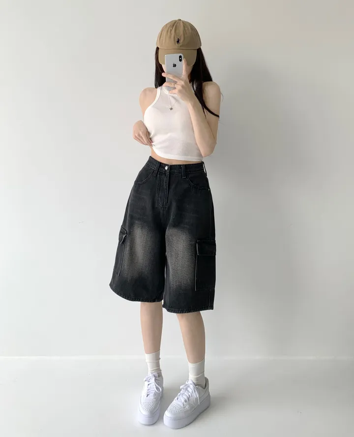 후기극찬![핏보장❤︎/힙무드/~XL] 이브닝 빈티지 힙 워싱 하이웨스트 와이드 카고 하프 버뮤다 5부 청 반바지 데님 팬츠 빅사이즈 상세 이미지 36