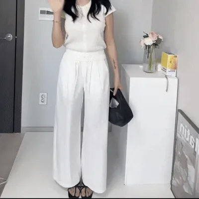 화이트 흰색 핀턱 밴딩 와이드 팬츠 상세 이미지 26