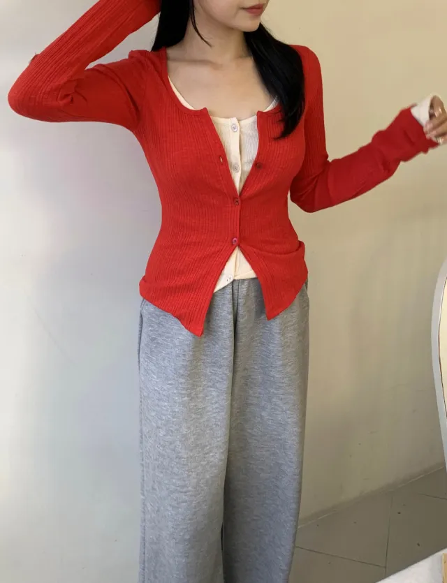 시선 골지 레이어드 배색 단추 가디건 티셔츠4color 상세 이미지 41