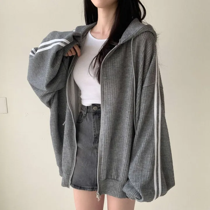 [-120/간절기필수소장💛] 골지 투웨이 오버핏 트랙 라인 후드집업 3c 상세 이미지 8