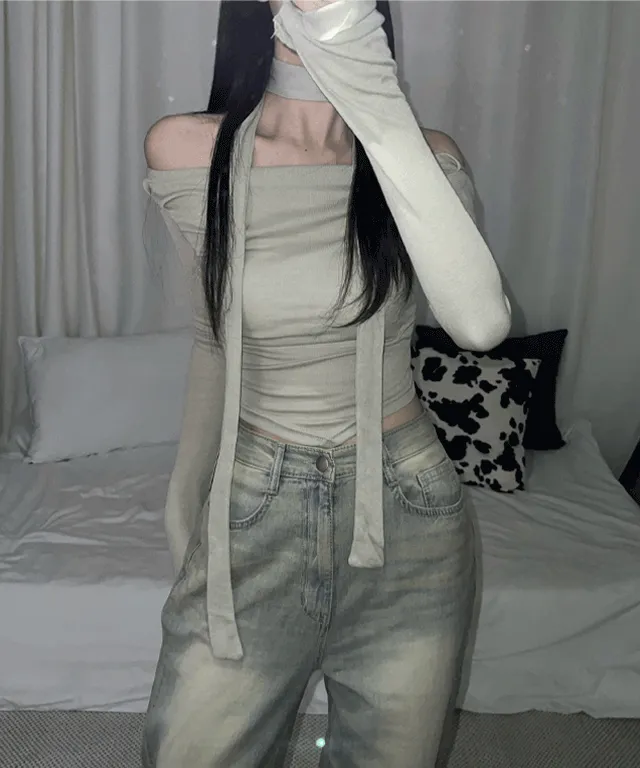 [y2k/여리핏]머플러 셔링 언발 오프숄더