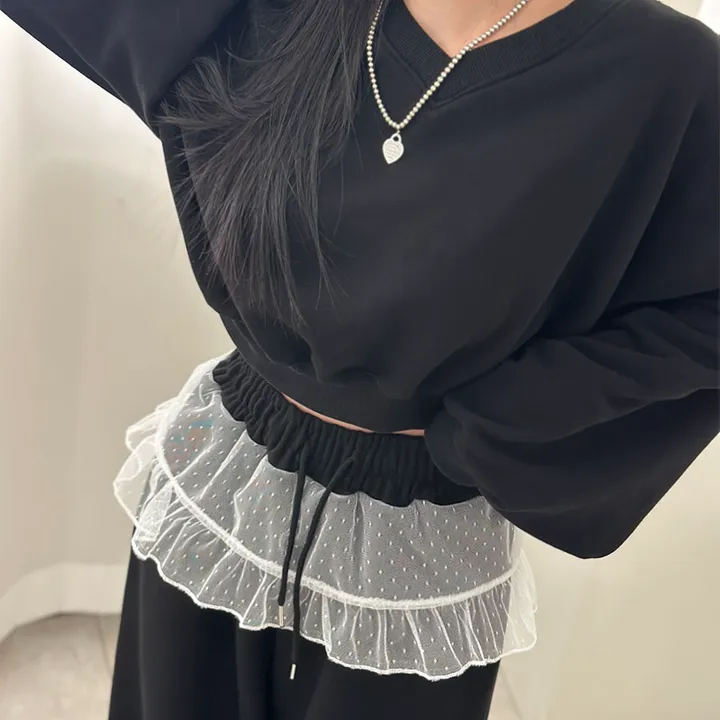 [존귀탱💞]프릴 도트 레이스 망사 벨트 오간자 튜튜 캉캉 스커트 배색 레이어드 스웨트 스트링 조거 팬츠 밴딩 빅사이즈 와이드 면 츄리닝 추리닝 트레이닝 바지 투웨이 롱팬츠 y2k 상세 이미지 43
