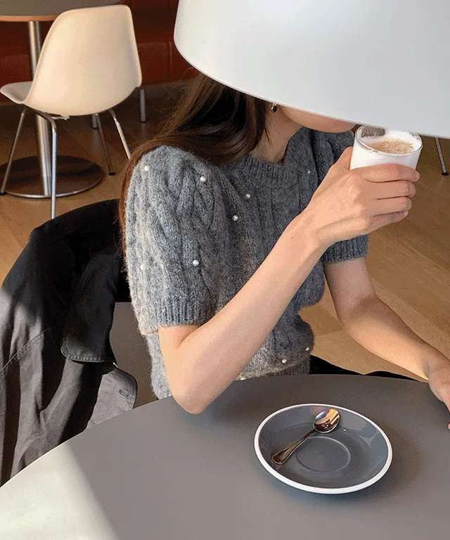 [3color] 진주 반팔 퍼프 니트